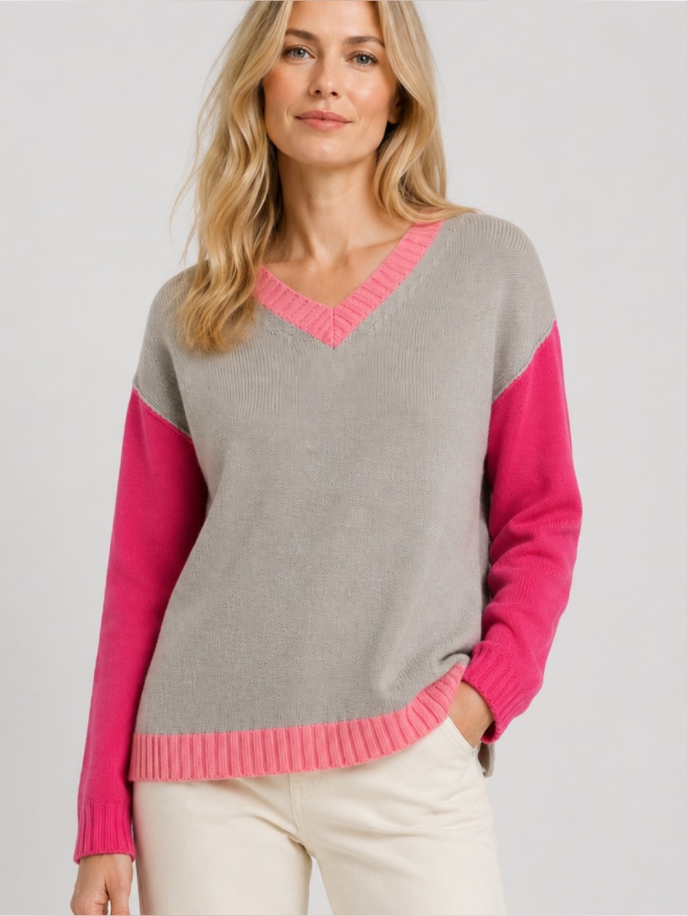 Lisa Todd Colorblock V Neck Sweater in Pink and Light Tan